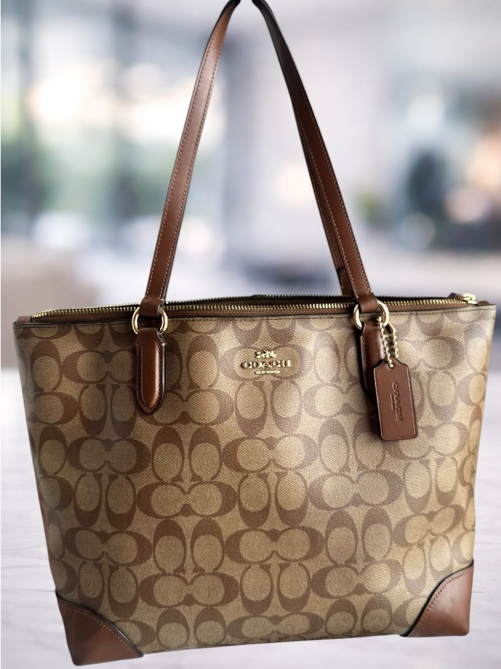 Coach Monogram Canvas Tote in Brown with Leather Trim